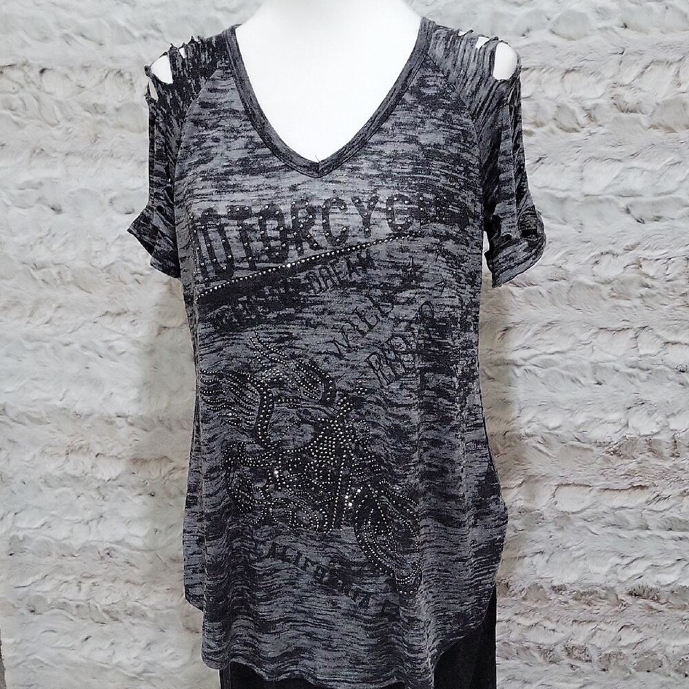 Vocal Graphic Moto Thrashed Short Sleeve Studded Tee, Womens Oversize S, Biker